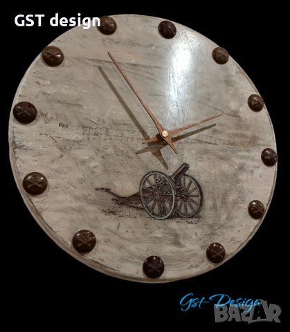 Стенен Часовник Дърво масив бакелит артилерия Царство България копчета Орех Стрелки гравиран оръдие, снимка 1