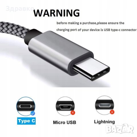 Комплект 3бр. Кабели за Бързо Зареждане на Телефон USB Type C!, снимка 6 - USB кабели - 42136596