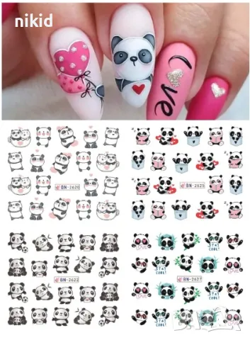 лист 12 в 1 вида панда панди слайдер татос ваденки водни стикери за нокти маникюр, снимка 2 - Продукти за маникюр - 47390308