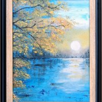 Пълнолуние над езерото " Картина с масло , снимка 1 - Картини - 42118763