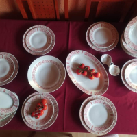Неупотребяван порцеланов сервиз за хранене Китка с червен фриз, снимка 7 - Сервизи - 44566110