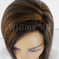 Черна перука от ЕСТЕСТВЕН косъм с кестеняви кичури Селена, снимка 7 - Аксесоари за коса - 37778345