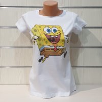 Нова дамска бяла тениска с дигитален печат Спондж боб, SpongeBob, снимка 6 - Тениски - 35577712