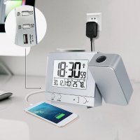 Прожекционен часовник с термометър, влагомер, USB слот,календар и будилник , снимка 6 - Стенни часовници - 39223622