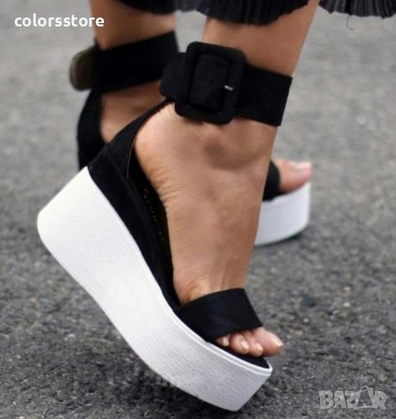 Сандали на платформа - черен велур с бяло ходило - 336, снимка 1