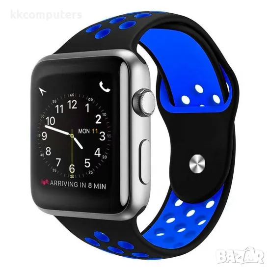 Силиконова каишка на дупки bSmart за часовник Apple iWatch 42/44/45/46/49mm, Черна/Синя, снимка 1