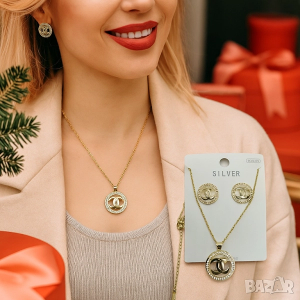 Елегантен комплект колие с обеци/ устойчив метал chanel, снимка 1