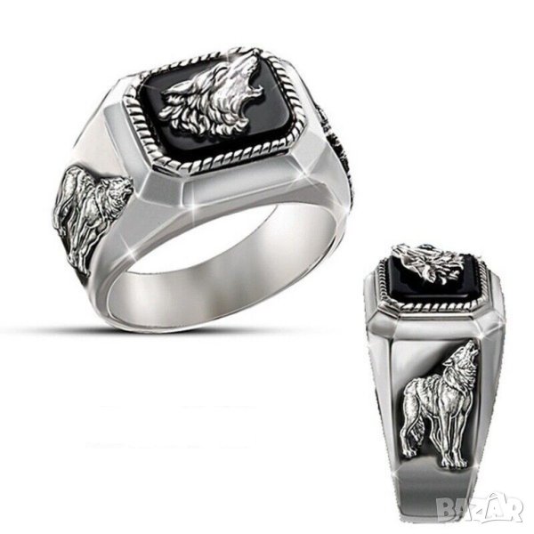 Мъжки пръстен с циркон и вълча глава, снимка 1