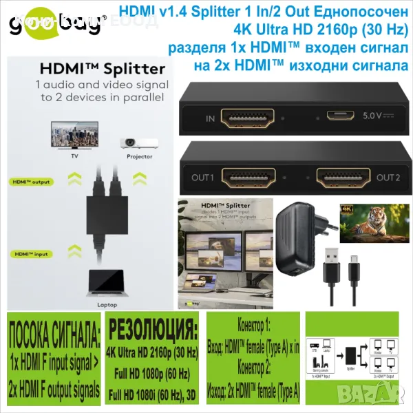 HDMI™ сплитер 1 In/2 Out Еднопосочен Goobay 4K@30Hz , снимка 1