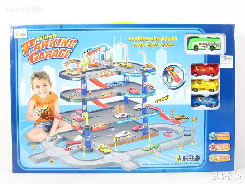 Детски голям паркинг гараж на 4 етажа + колички и автобус, снимка 1