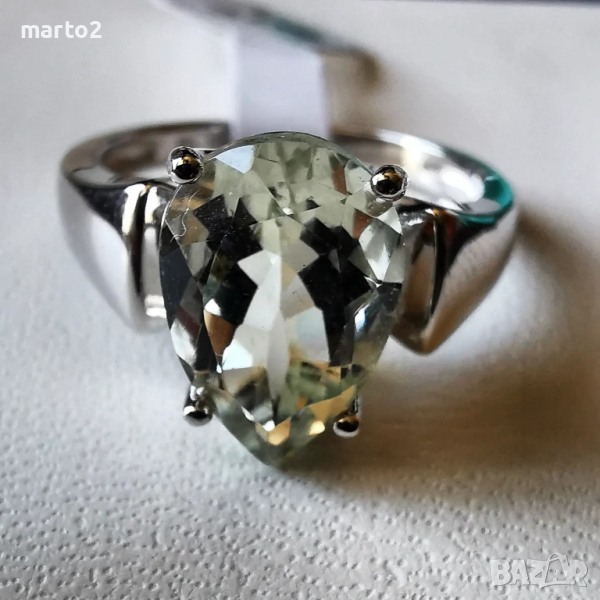 Елегантен сребърен пръстен, проба 925 с родиево покритие и Натурален Празиолит (Зелен Аметист)!, снимка 1