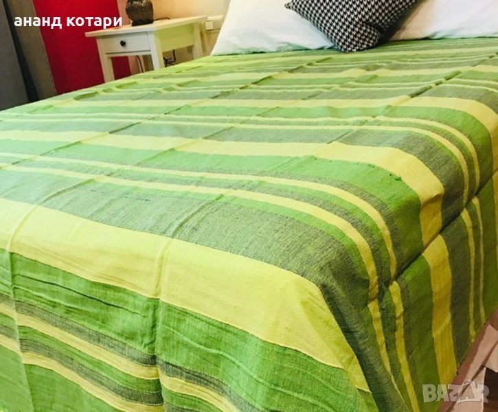 41 Памучен чаршаф ръчно тъкан - зелени райета, снимка 1