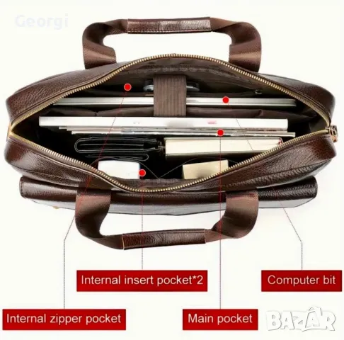 Мъжка  стилна и практична бизнес чанта (куфарче за лаптоп 15”) Черна естествена кожа!, снимка 10 - Чанти - 49348270