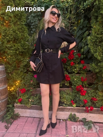 Дамска черна сатен памук рокля риза с колан и отворени ръкави , снимка 11 - Рокли - 49522099