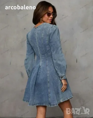 Модна дамска дънкова рокля с дълги ръкави с талия в пачуърк, 2цвята , снимка 9 - Рокли - 47696054