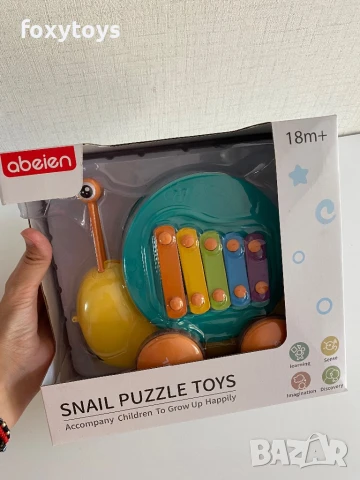 Охлювче за дърпане - 4 в 1 - ксилофон - в розов и зелен цвят, снимка 7 - Образователни игри - 51119479