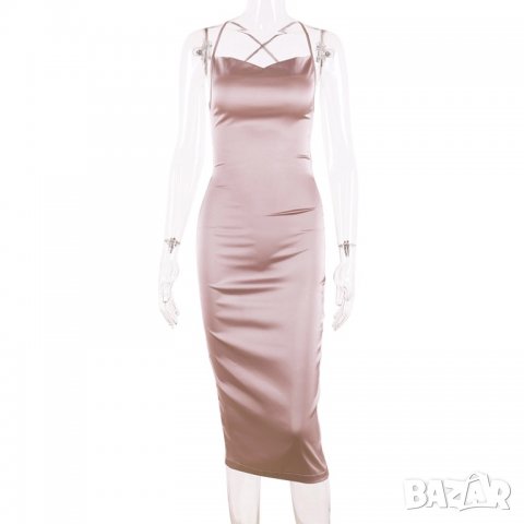 Елегантна червена черна розова рокля сатен миди с гол гръб, снимка 7 - Рокли - 30471525