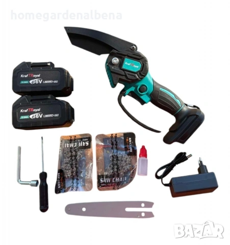 Акумулаторен мини верижен трион KRAFTROYAL – 2 шини и 2 батерии 36V 8Ah, снимка 6 - Градинска техника - 54108468