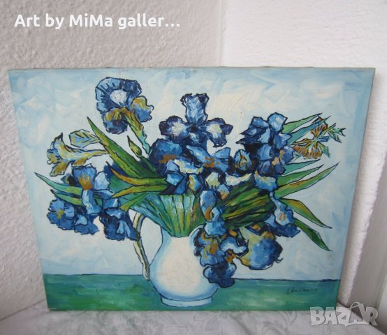 Ириси 40х50 см, Сини цветя, картина, irises oil on canvas painting, снимка 4 - Картини - 31781028