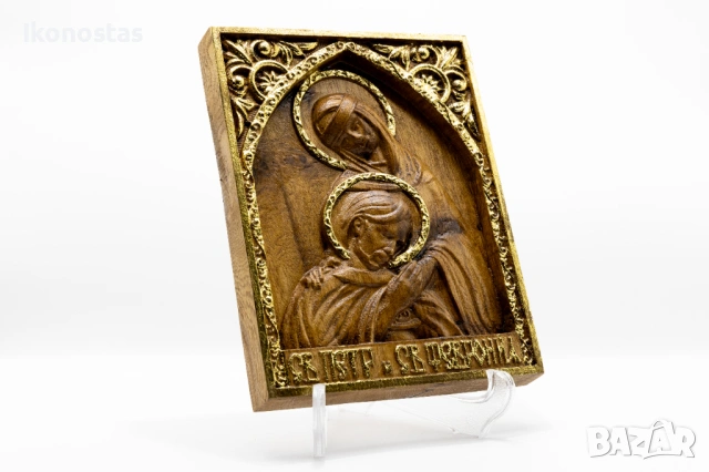 Позлатена релефна икона на Свети Петър и Света Феврония от дъб, снимка 2 - Икони - 53224188