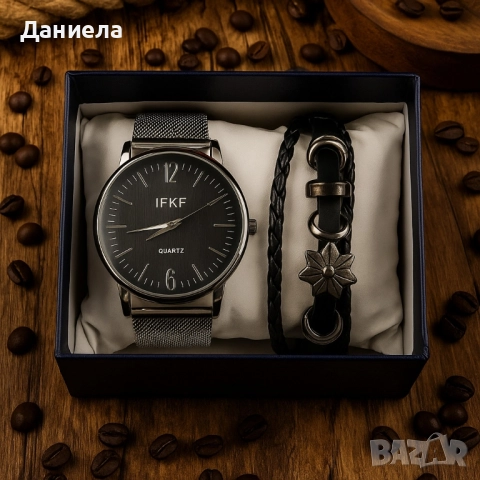 Мъжки комплект – кварцов часовник с метална верижка и стилна гривна в подаръчна кутия, снимка 7 - Мъжки - 51932949