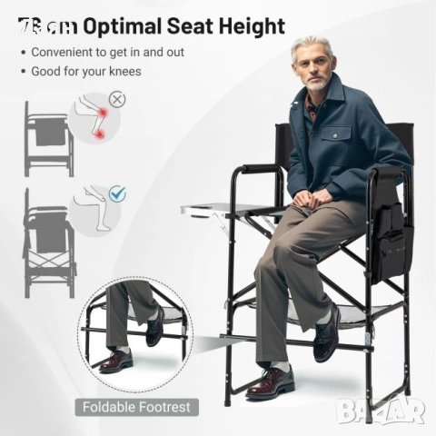 Сгъваем режисьорски стол със сгъваема странична масичка COSTWAY, сгъваем стол за гримьори , снимка 4 - Столове - 53203865