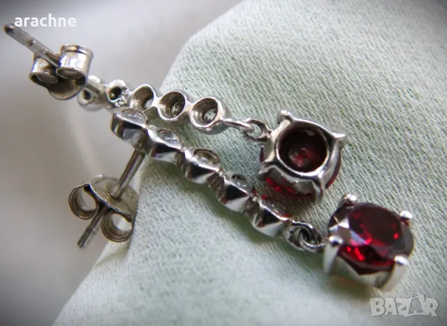 Руски сребърни обици с рубелит и фианити, снимка 5 - Обеци - 49558947