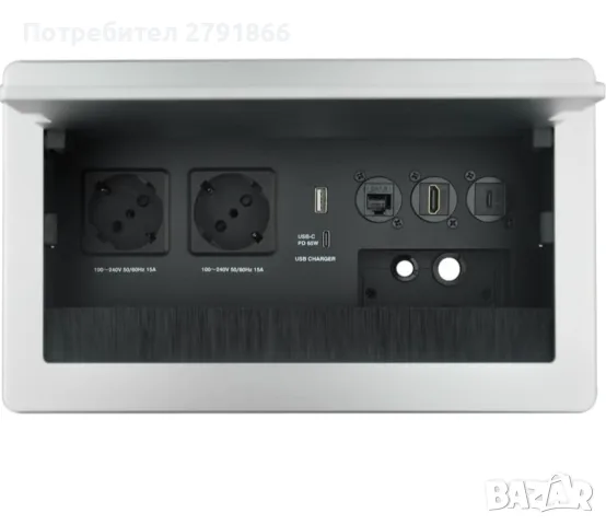 Разклонител за вграждане в бюро или маса 2xSchuko,1xUSB-A+C Зарядно(PD65W),1xCAT6,1xHDMI,1xUSB-C