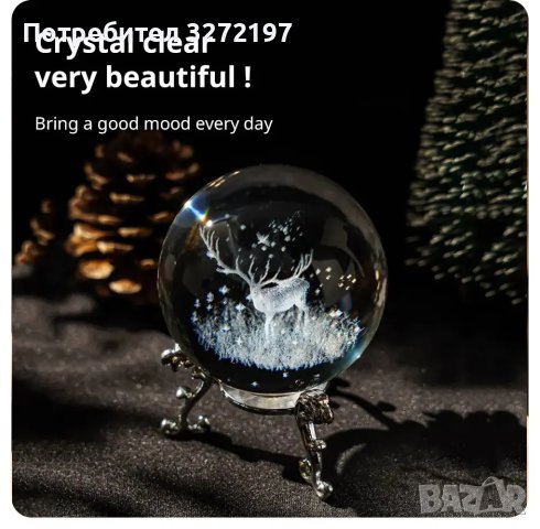 3D Прозрачен еленов орнамент в кристална топка 60 мм + стойка орнамент, снимка 2 - Статуетки - 42865318