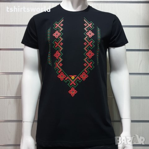Нова мъжка черна тениска с трансферен печат Шевица, Етно мотив, България
