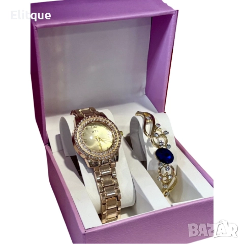 Луксозен дамски комплект – елегантен часовник и изискана гривна със скъпоценни камъни, снимка 4 - Бижутерийни комплекти - 52596603