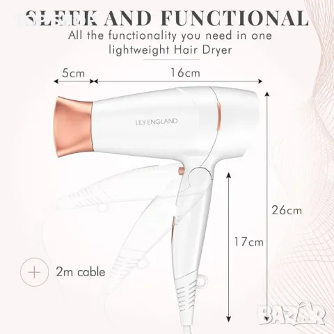 Сгъваем преносим пътен сешоар Lily England, Розово злато, 1800 вата, снимка 6 - Сешоари - 48623921