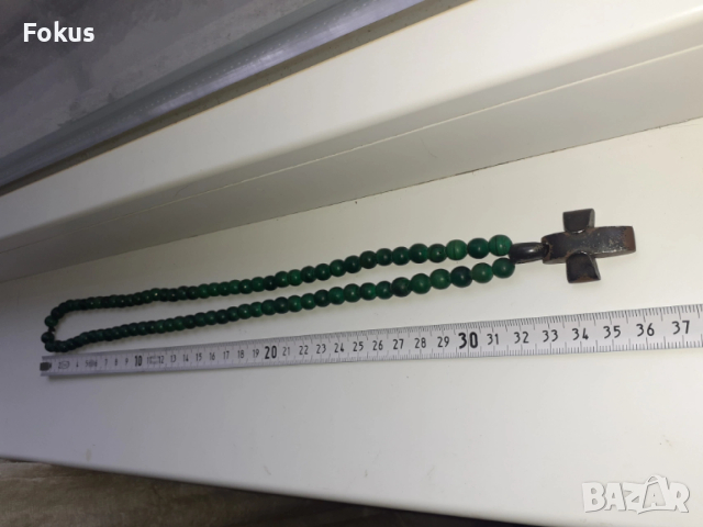 Стар гердан ланец колие от малахит със сребърен кръст, снимка 5 - Антикварни и старинни предмети - 54070694