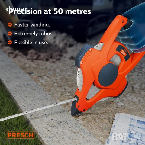 Ролетка от фибростъкло Presch 50 м - Бързо връщане благодарение на скоростна кутия 3:1, снимка 2 - Други стоки за дома - 50474194