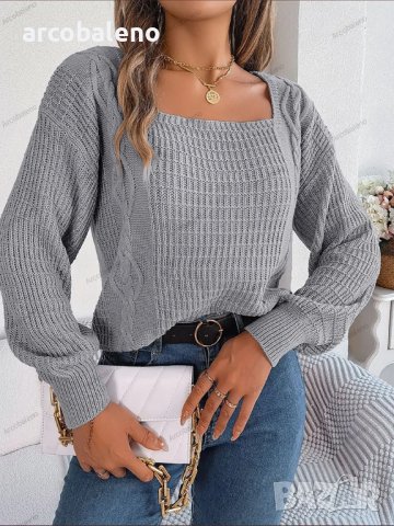 Небрежен едноцветен дамски плетен пуловер с квадратно деколте, 3цвята - 023 , снимка 15 - Блузи с дълъг ръкав и пуловери - 42237722