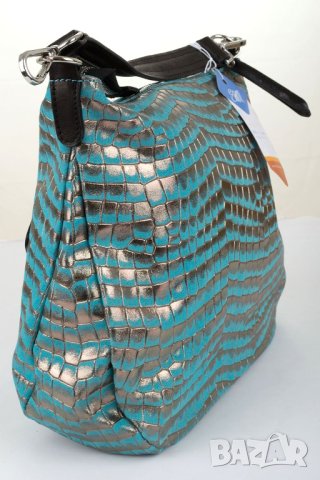 Дамска кожена чанта в цвят тюркоаз с лъскав принт марка Emilio Masi, снимка 3 - Чанти - 37115024