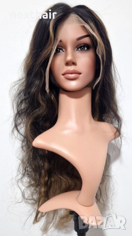 Естествена черна чуплива перука от бразилска човешка коса с руси кичури 75 см - Lace Front 13x6, снимка 2 - Аксесоари за коса - 53136499