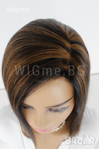 Черна перука от ЕСТЕСТВЕН косъм с кестеняви кичури Селена, снимка 7 - Аксесоари за коса - 37778345