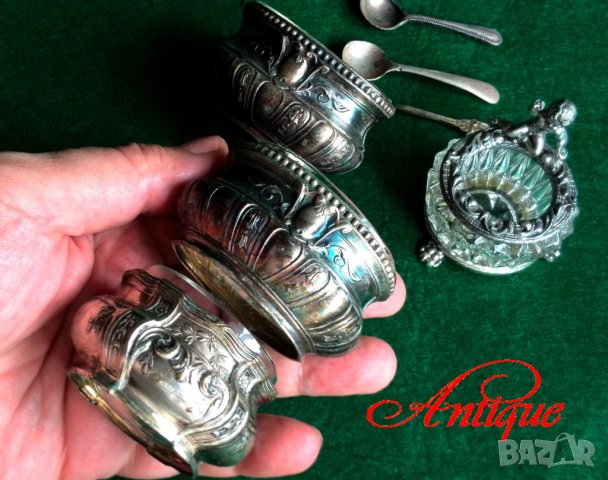 Винтидж посребърени съдове и лъжица за сол,пипер -хайвер с ангел херувим, снимка 3 - Антикварни и старинни предмети - 42149880