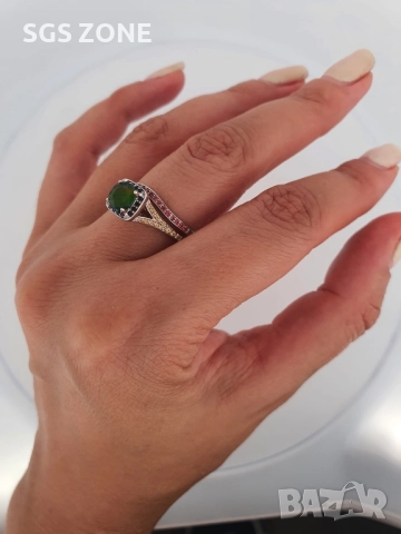 Двойни сребърни пръстени с опал и разпръснати сапфири, снимка 4 - Колиета, медальони, синджири - 52401233