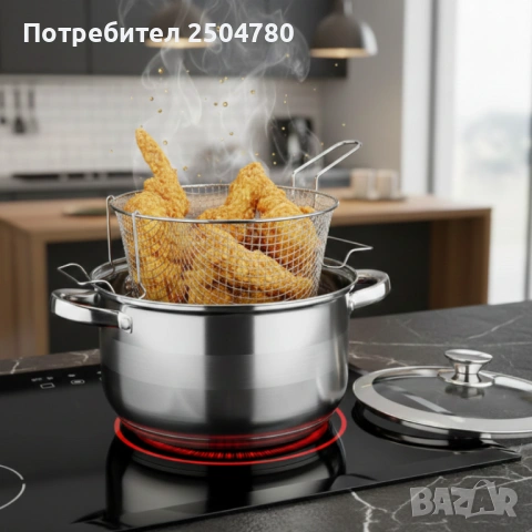 Тенджера с кошница за пържене и стъклен капак Cheffinger  Ø24 см – инокс, 6,5 л, за всички котлони, снимка 2 - Прибори за хранене, готвене и сервиране - 53883200