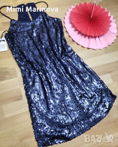 Тъмно синя рокля с пайети Jennifer Lopez , снимка 2 - Рокли - 30492865