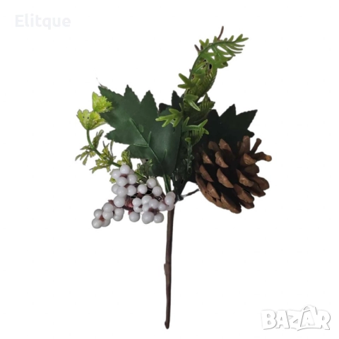 Изкуствена декоративна клонка с шишарка и бели топчета