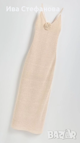 Нова дълга  елегантна плетена фабрично плетиво елегантна рокля 3Д 3D цвете роза екрю цвят бежова , снимка 7 - Рокли - 42560711