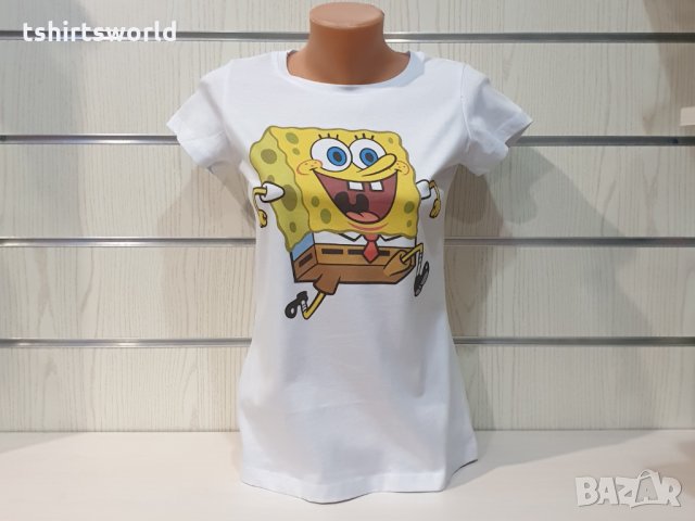 Нова дамска бяла тениска с дигитален печат Спондж боб, SpongeBob, снимка 6 - Тениски - 35577712
