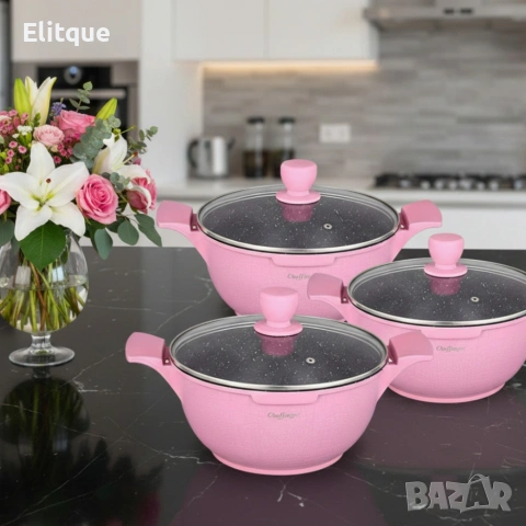 Комплект от 3 тенджери Cheffinger с мраморно покритие 20/24/28 см с капаци , снимка 5 - Съдове за готвене - 53151075