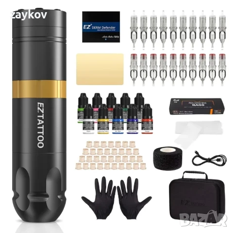 EZ Tattoo Kit – Пълен комплект за татуировки с ротационна машина за татуировки, захранване с батерия