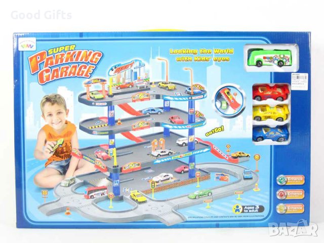 Детски голям паркинг гараж на 4 етажа + колички и автобус