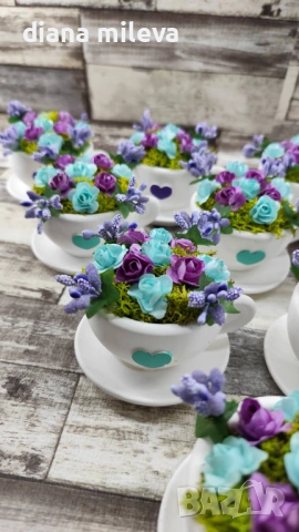 Сладурски Чашки с нежни цветлета в тюркоаз и лилаво!!, снимка 10 - Декорация за дома - 53240250