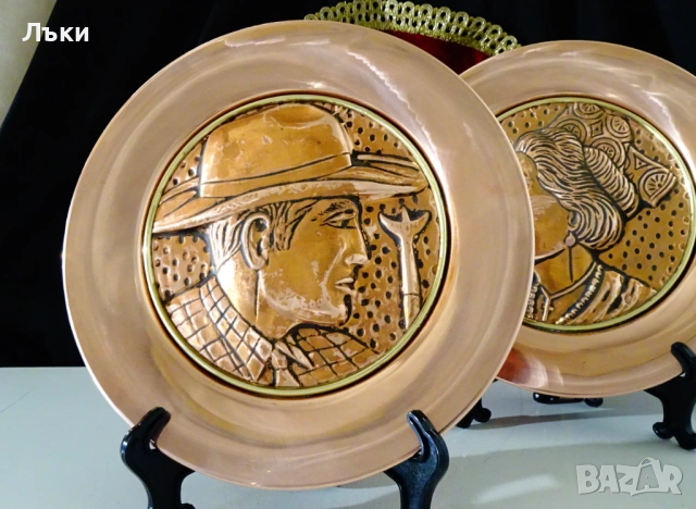 Медна чиния за стена,пано с портрет на каубой,лице,профил. 